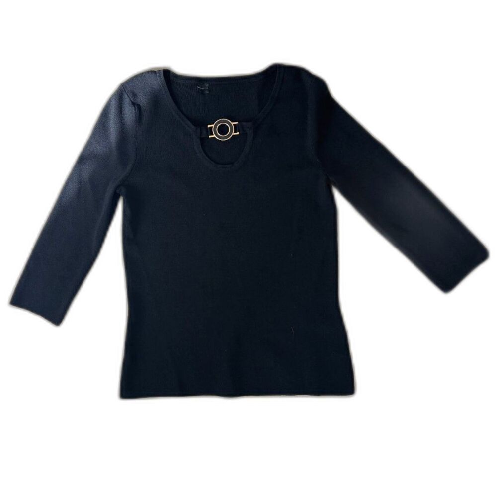 Women’s Black Ribbed Knit Top Metal O-Ring Keyhole 3/4 Sleeve Minimalist S/XS